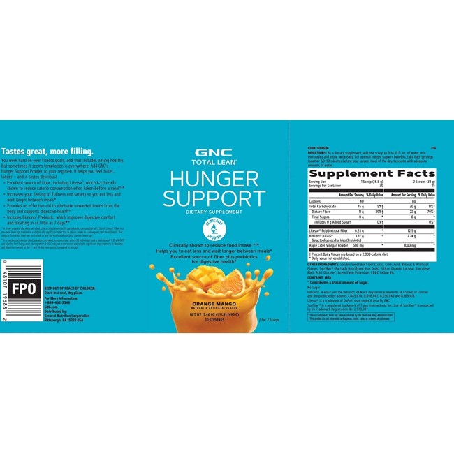 Gnc Total Lean Hunger Support, Cu Aroma De Portocale Si Mango, 495 G