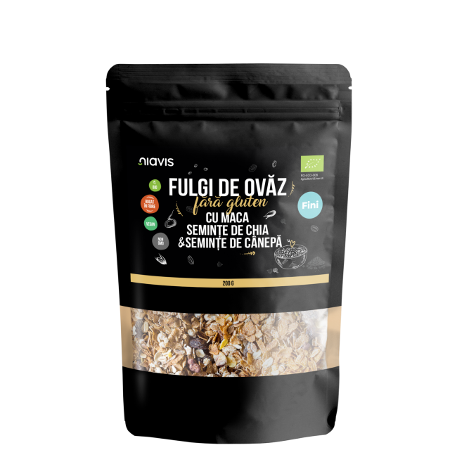 Fulgi de Ovaz Fini Fara Gluten cu Maca, Chia si Seminte de Canepa Ecologici/Bio 200g