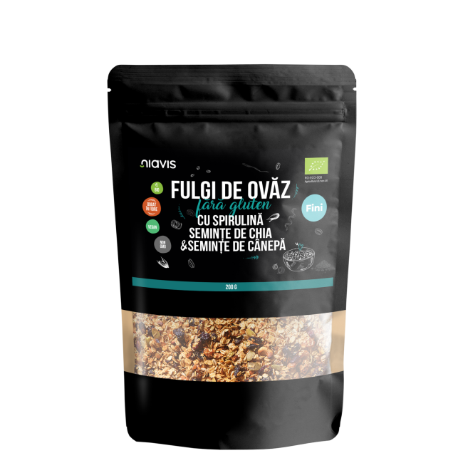 Fulgi de Ovaz Fini Fara Gluten cu Spirulina, Chia si Seminte de Canepa Ecologici/Bio 200g